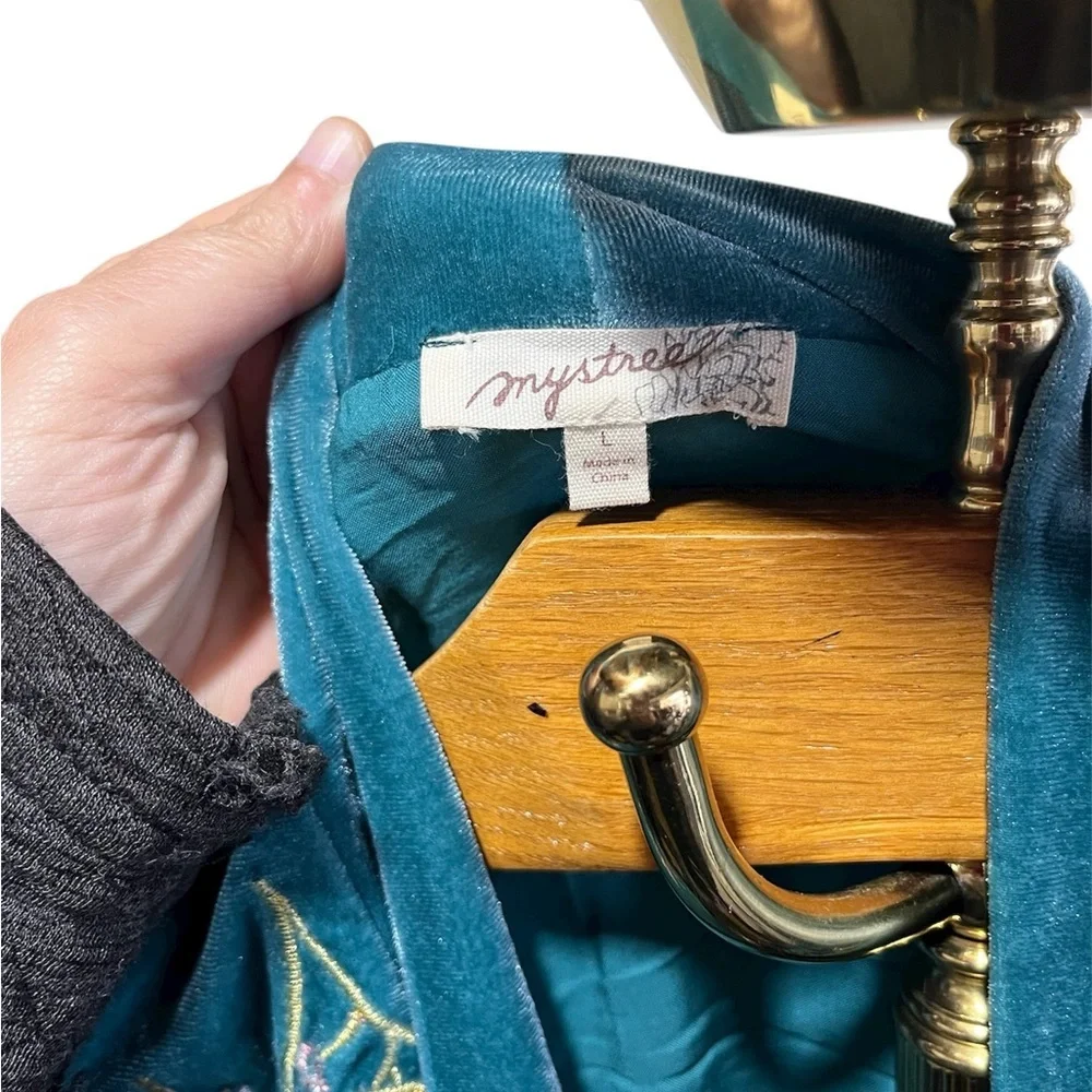 Mystree Teal Velvet Kimono with Embroidery Large - Picture 5 of 11